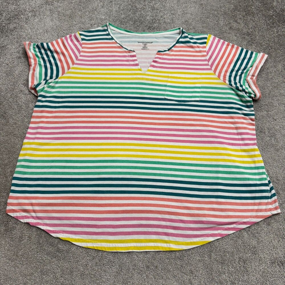 Woman Within Split V-Neck T-Shirt Top Womens 2X Striped Short Sleeve Pocket Tee